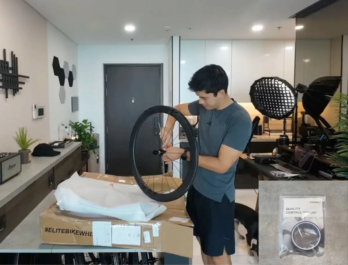 Mike Dee unboxing the Elitewheels ENT 3.0 carbon wheelset with the included quality control report