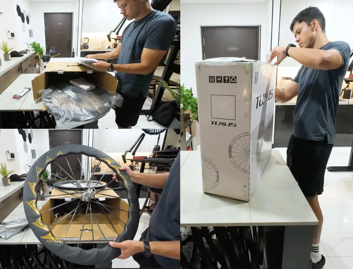 Unboxing the TUKUS Bluefin Turbo SR wheelset showing packaging, wheel wrap, and shipping box