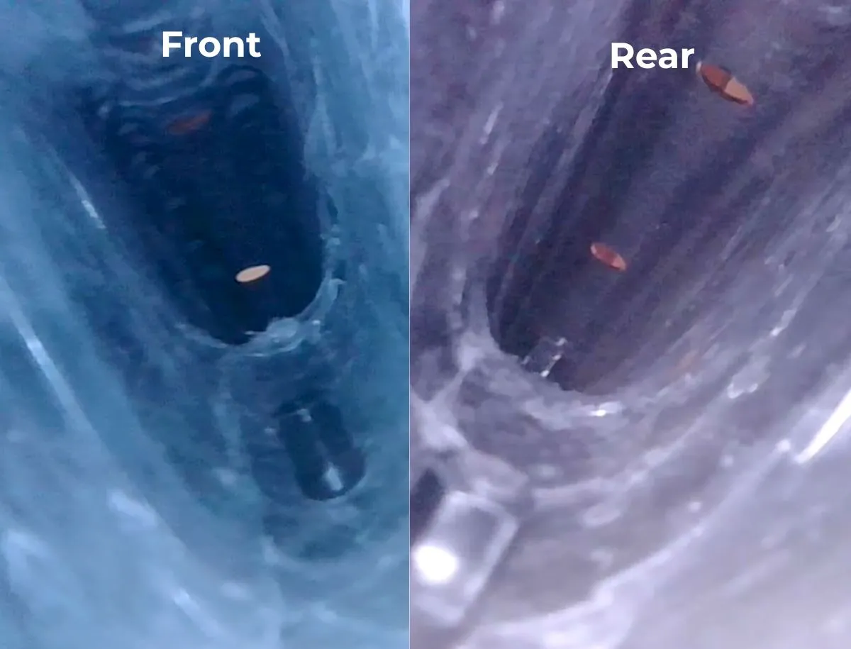 Endoscope inspection of TUKUS Bluefin Turbo SR front and rear carbon layup showing internal rim structure and minor debris spots