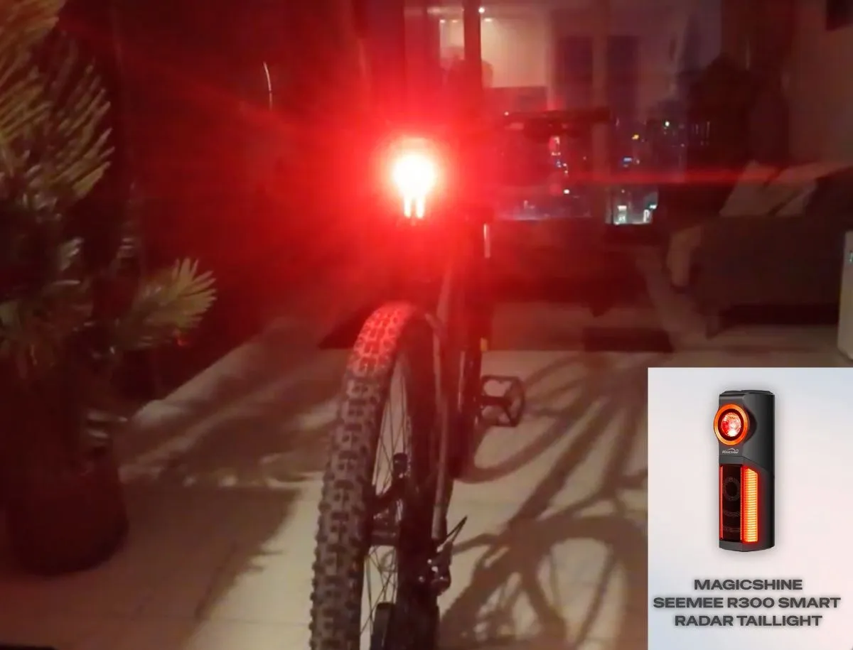 Magicshine SEEMEE R300 radar taillight installed on a mountain bike at night