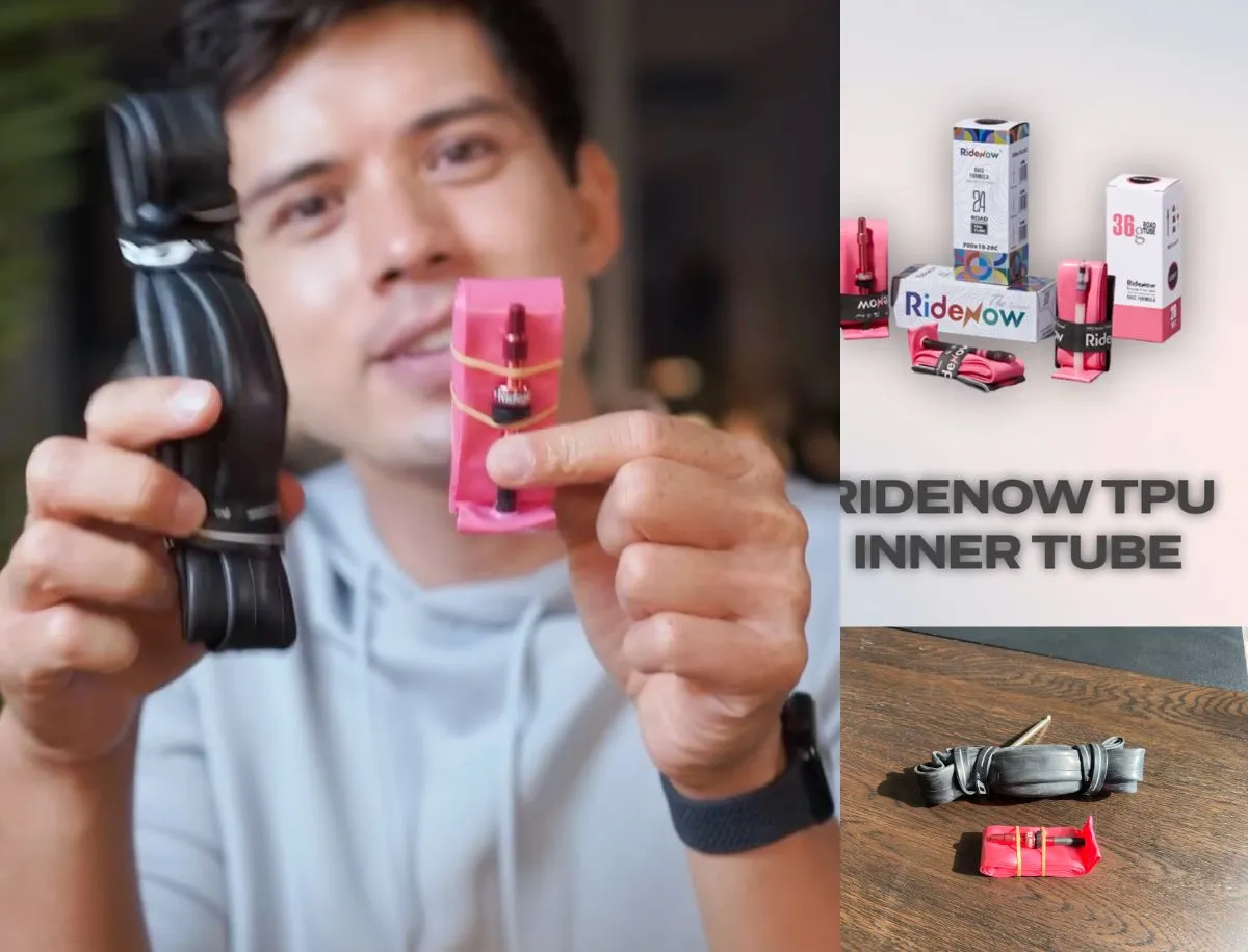 RideNow TPU inner tube size comparison next to a standard butyl tube