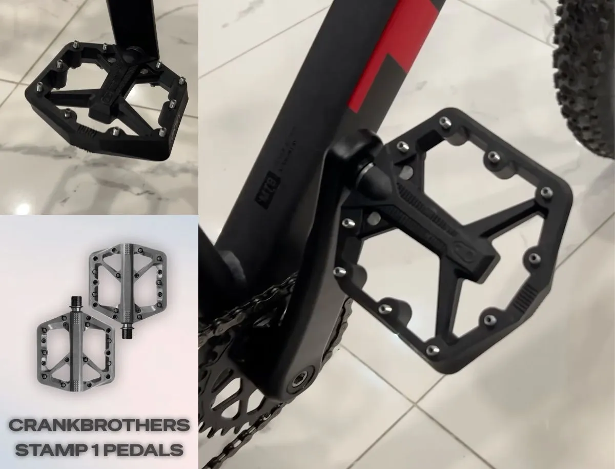 CrankBrothers Stamp 1 flat pedals installed on a Trek Marlin 5 mountain bike