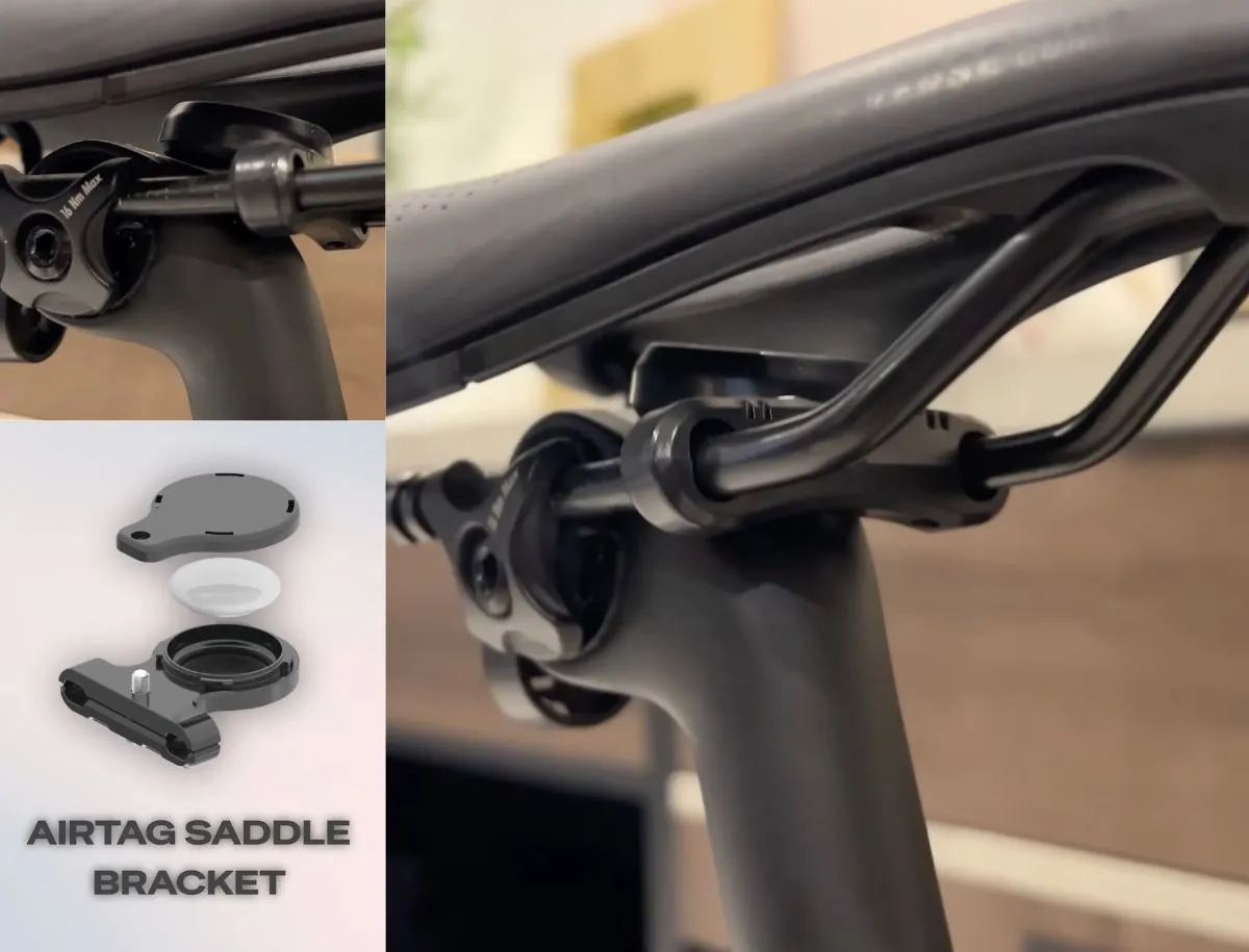 AirTag saddle bracket hidden under a bike seat for theft protection