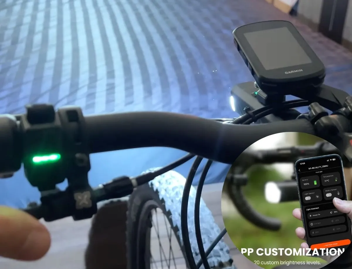 Magicshine ALLTY 1200U bike light with app brightness controls and Garmin computer setup