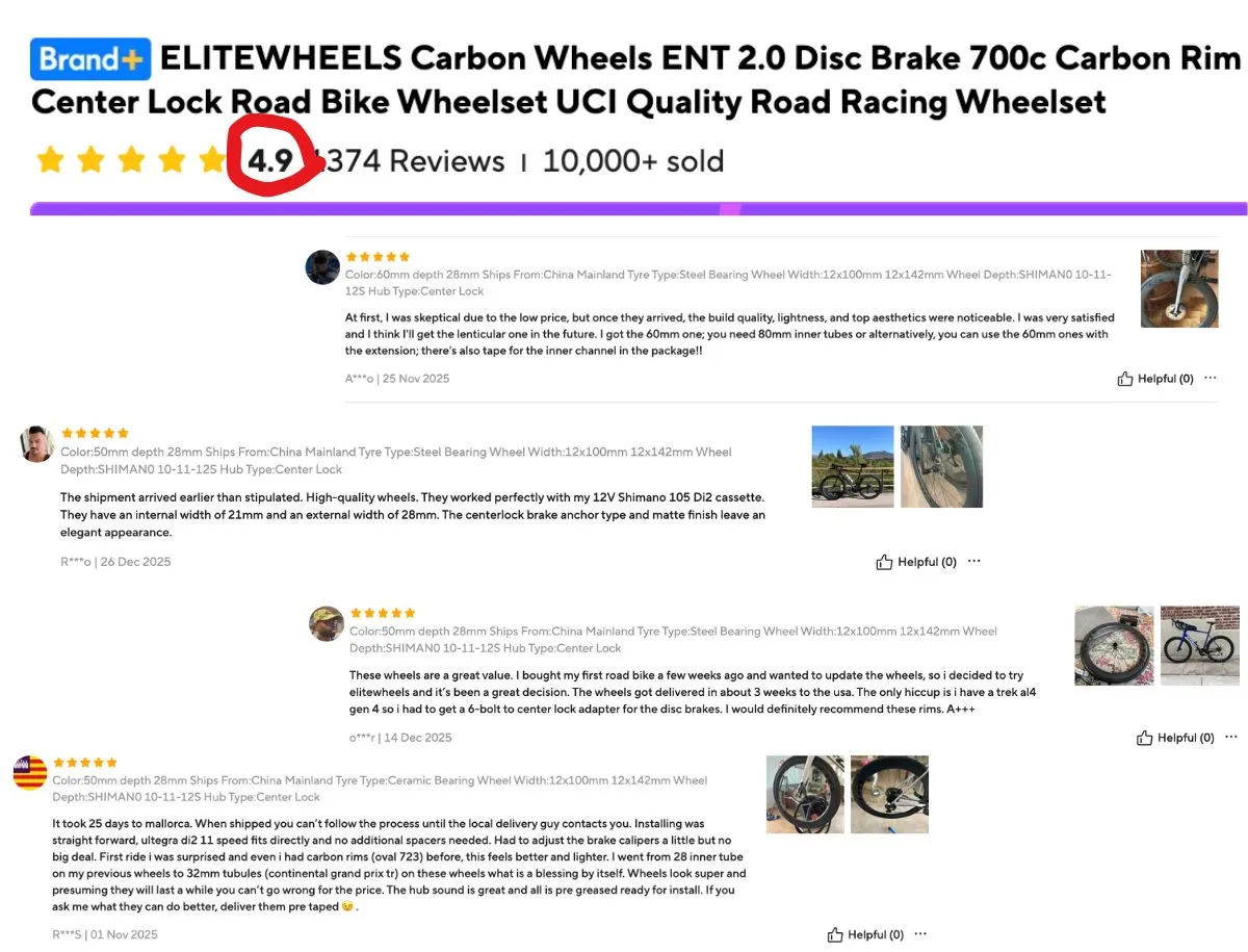 Elitewheels ENT 2.0 AliExpress listing with 4.9 stars and 10,000+ sold