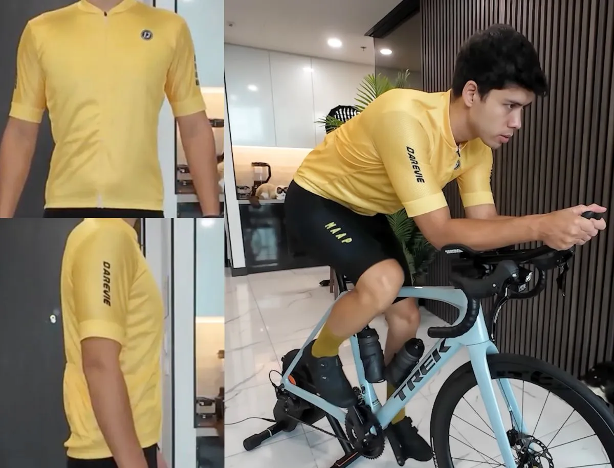 Yellow DAREVIE cycling jersey shown from front, side and riding position