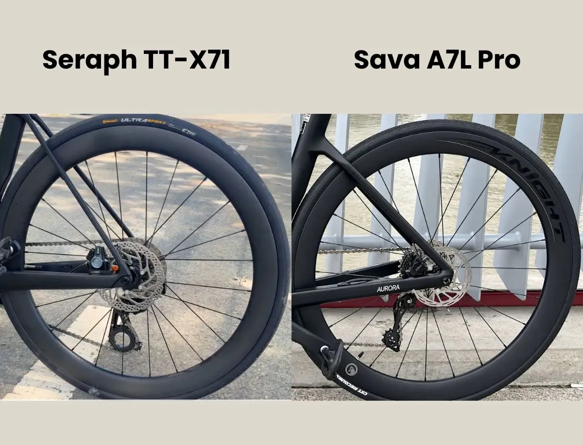Side-by-side comparison of the Seraph TT-X71 and SAVA A7L Pro rear carbon wheels and disc brakes.