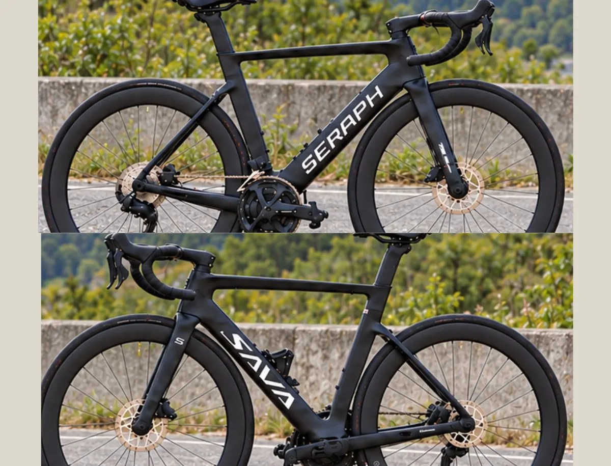 Two side-profile photos comparing the aero carbon frame shapes of the Seraph TT-X71 and SAVA A7L Pro.