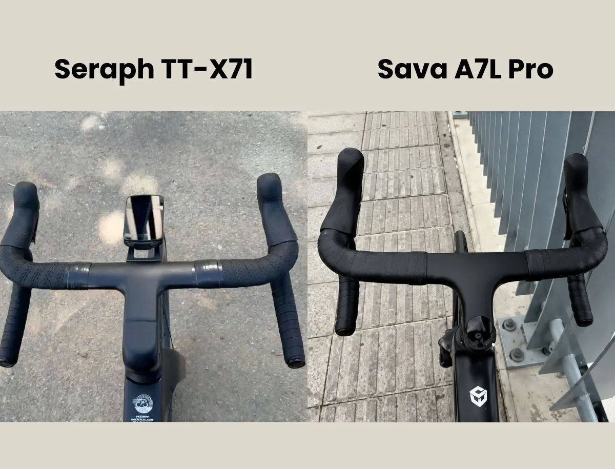 Top-down comparison of the Seraph TT-X71 and SAVA A7L Pro integrated aero handlebars.