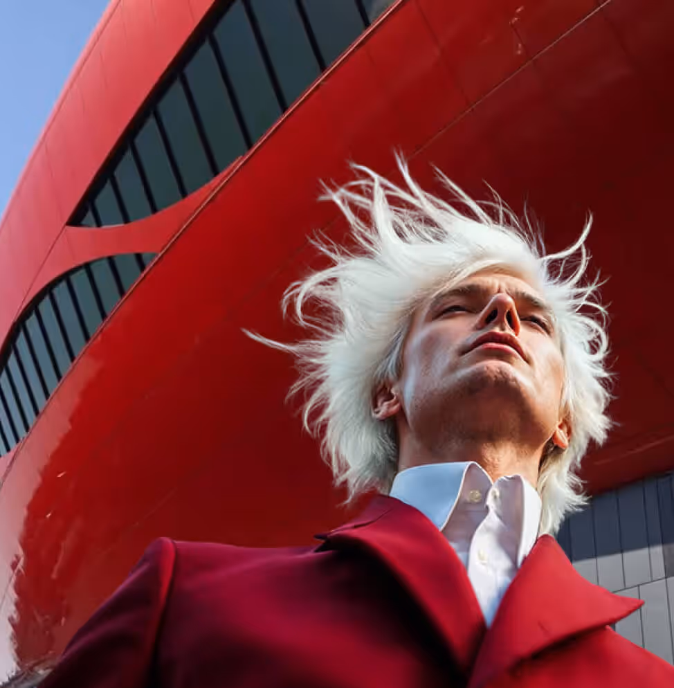 Low angle shot of a man in a deep red suit matching the bold red metallic cladding of a curved modern building facade.