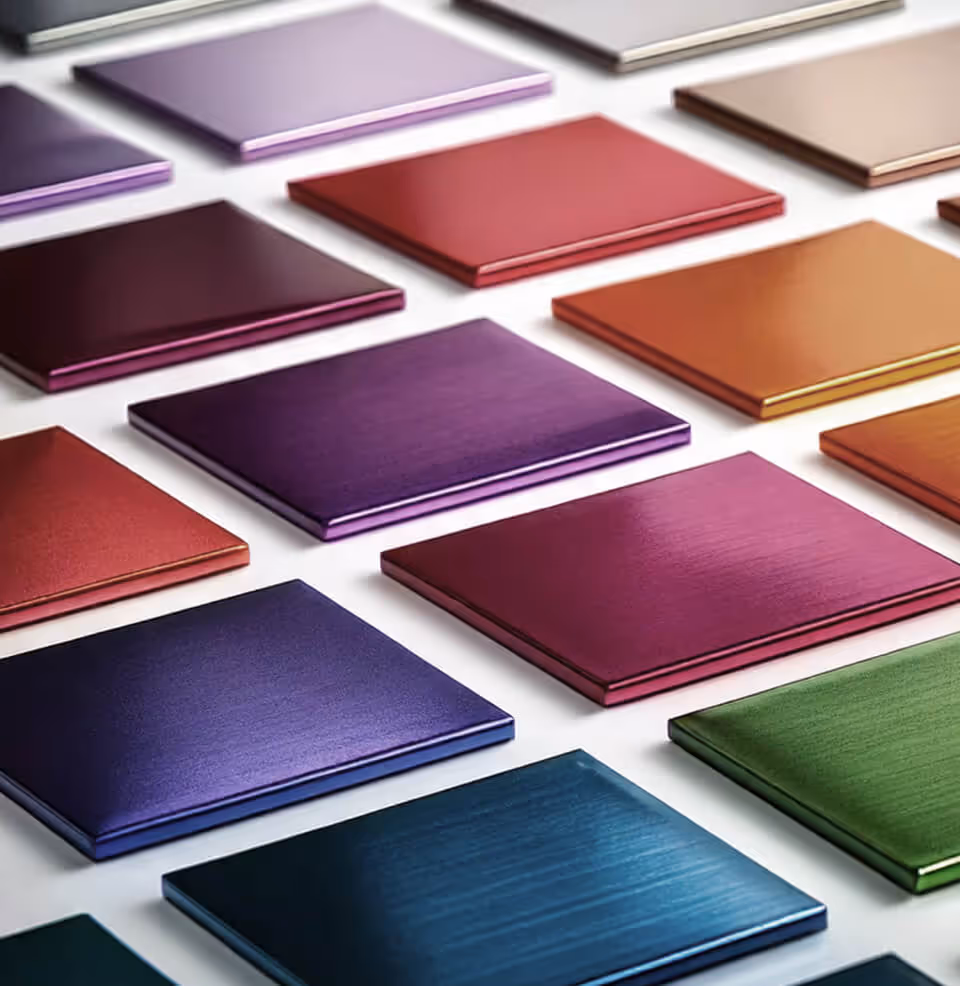 A grid display of metallic finish color samples for Euramax coated aluminium architectural panels, showcasing a diverse palette of vibrant shades.