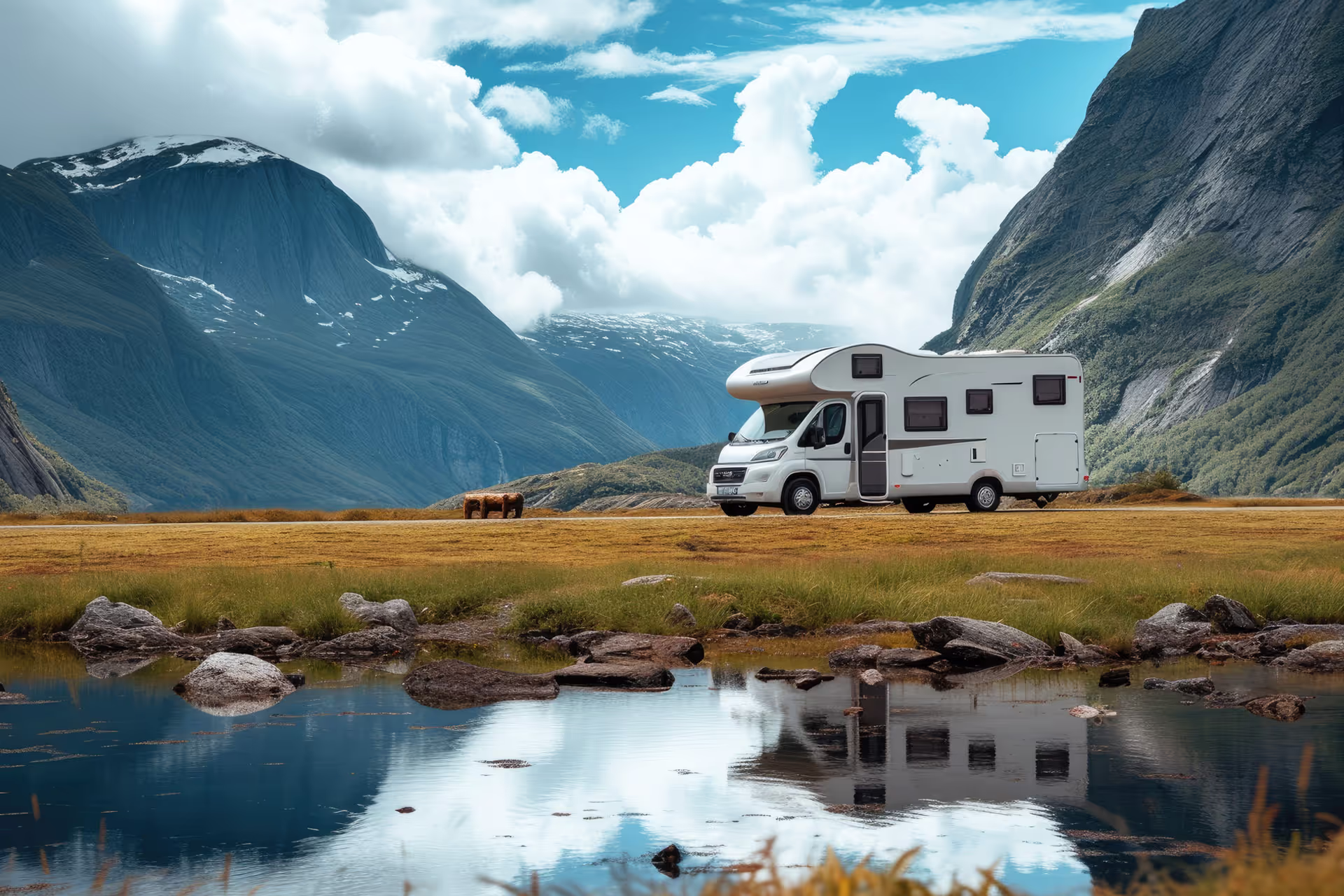 A premium white motorhome parked beside a scenic mountain lake with its reflection in the water, showcasing Euramax mobility cladding solutions.
