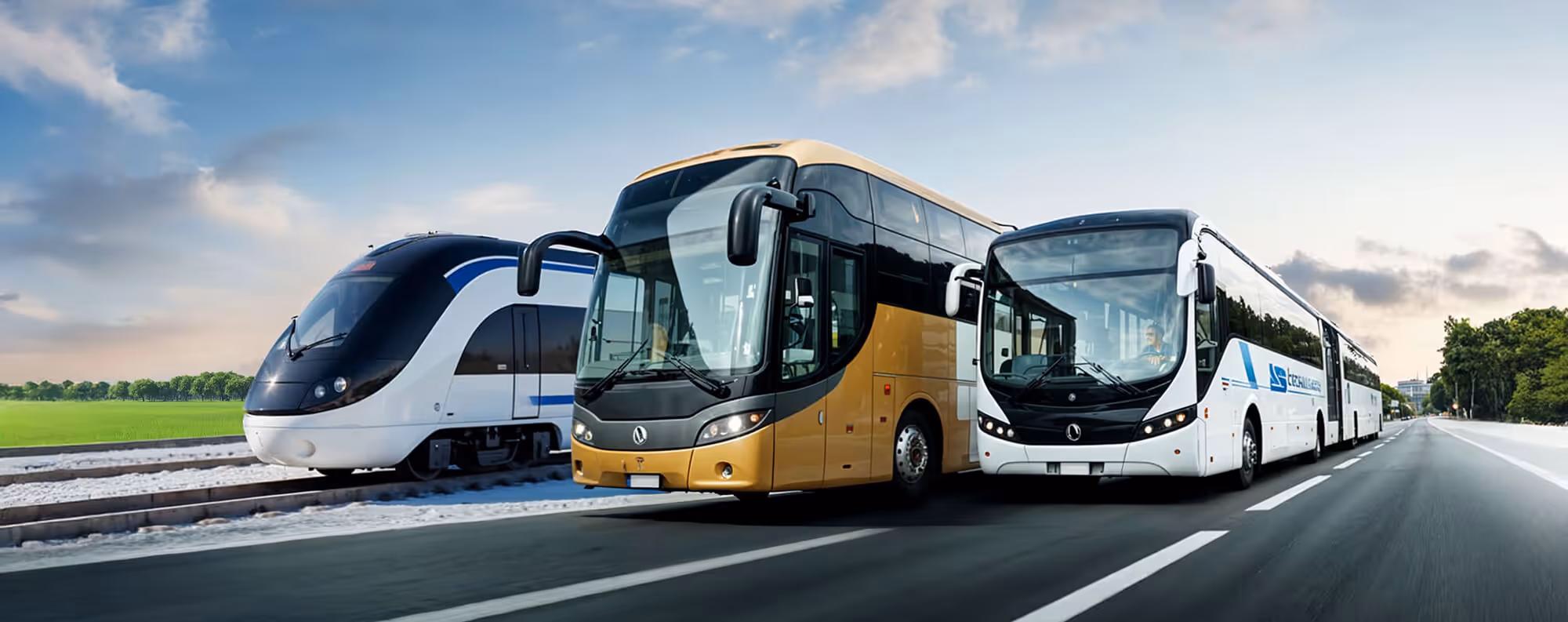A high-speed train, a commercial luxury coach bus, and a city bus lined up to showcase high-quality Euramax transport cladding applications.