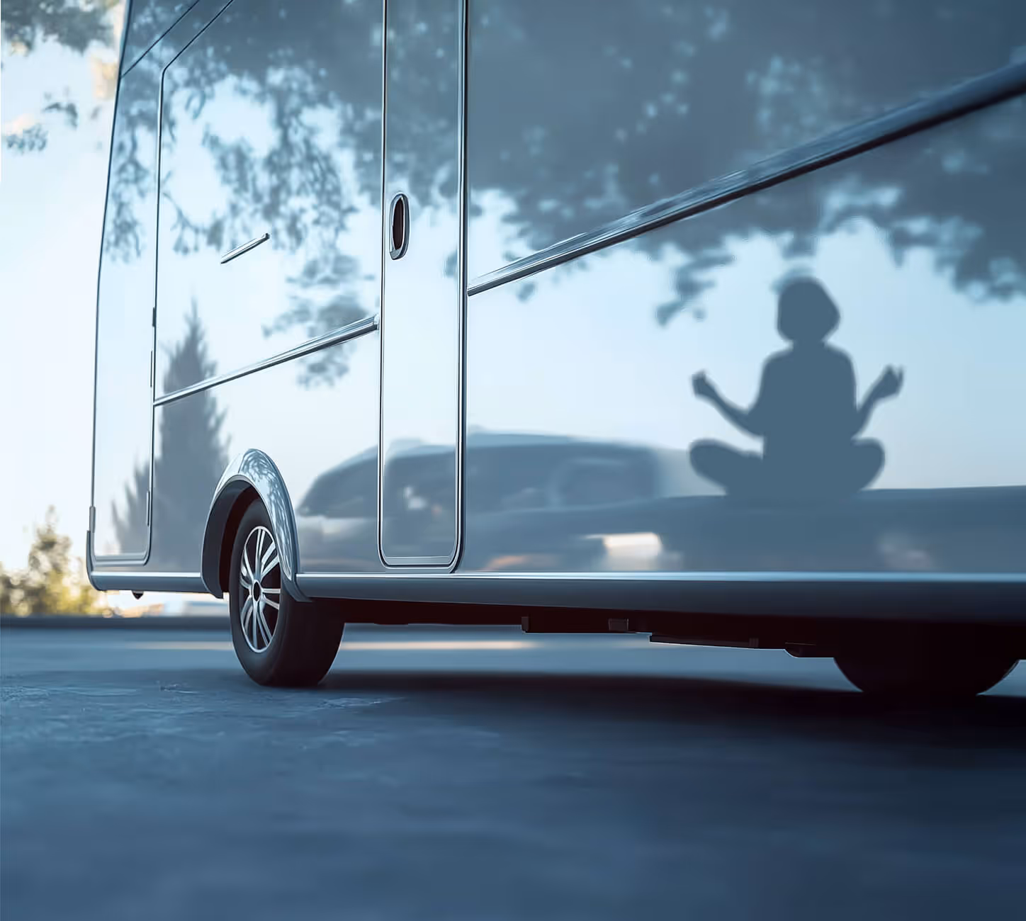 A high-gloss, reflective Euramax metallic silver RV cladding panel reflecting the silhouette of a person meditating, showcasing smooth, mirror-like surface quality.