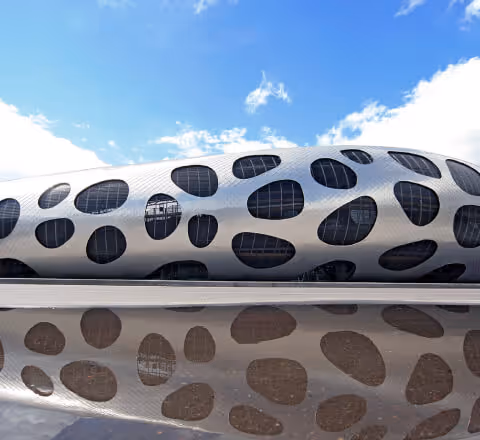 A futuristic building with a silver organic-patterned facade reflecting in a calm pool of water under a bright sky.