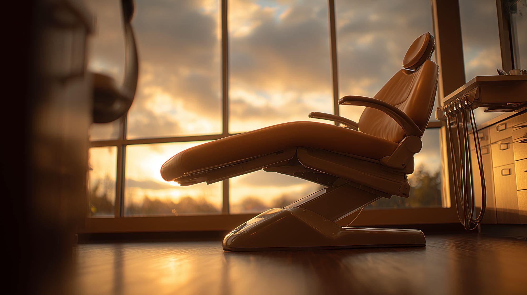 An empty operatory chair at dawn