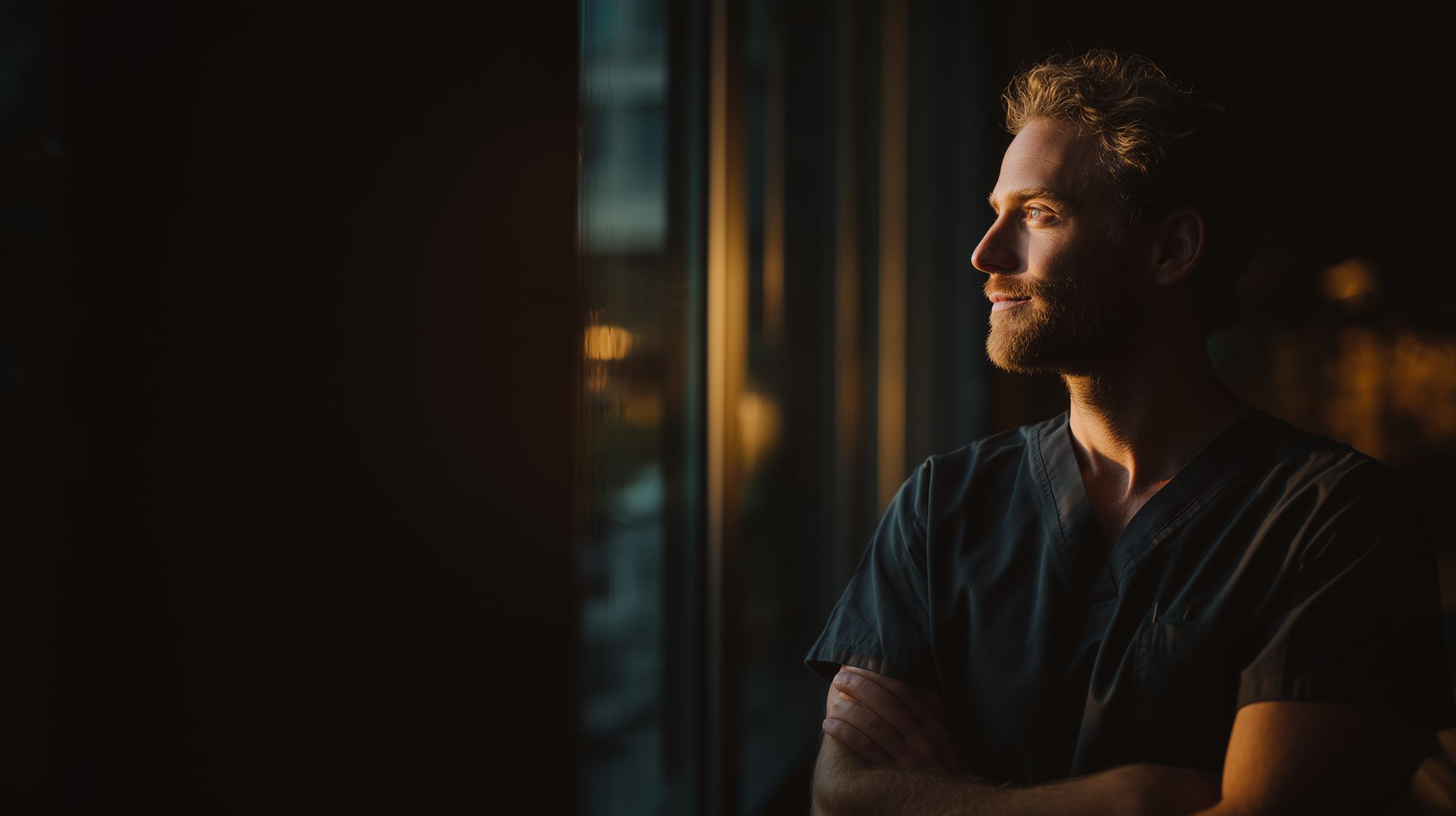 A dentist looking out of the operatory window in early morning light