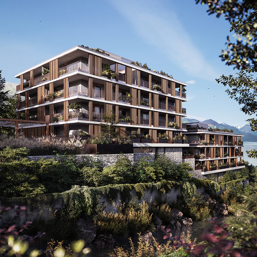 Moderno edificio residenziale con balconi e terrazzi, circondato da vegetazione su un pendio.
