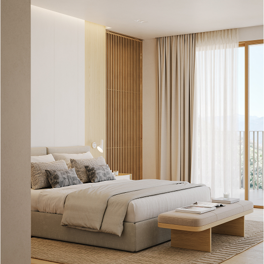Camera da letto minimalista con letto matrimoniale, muro in legno, panca e tende crema davanti alla finestra.