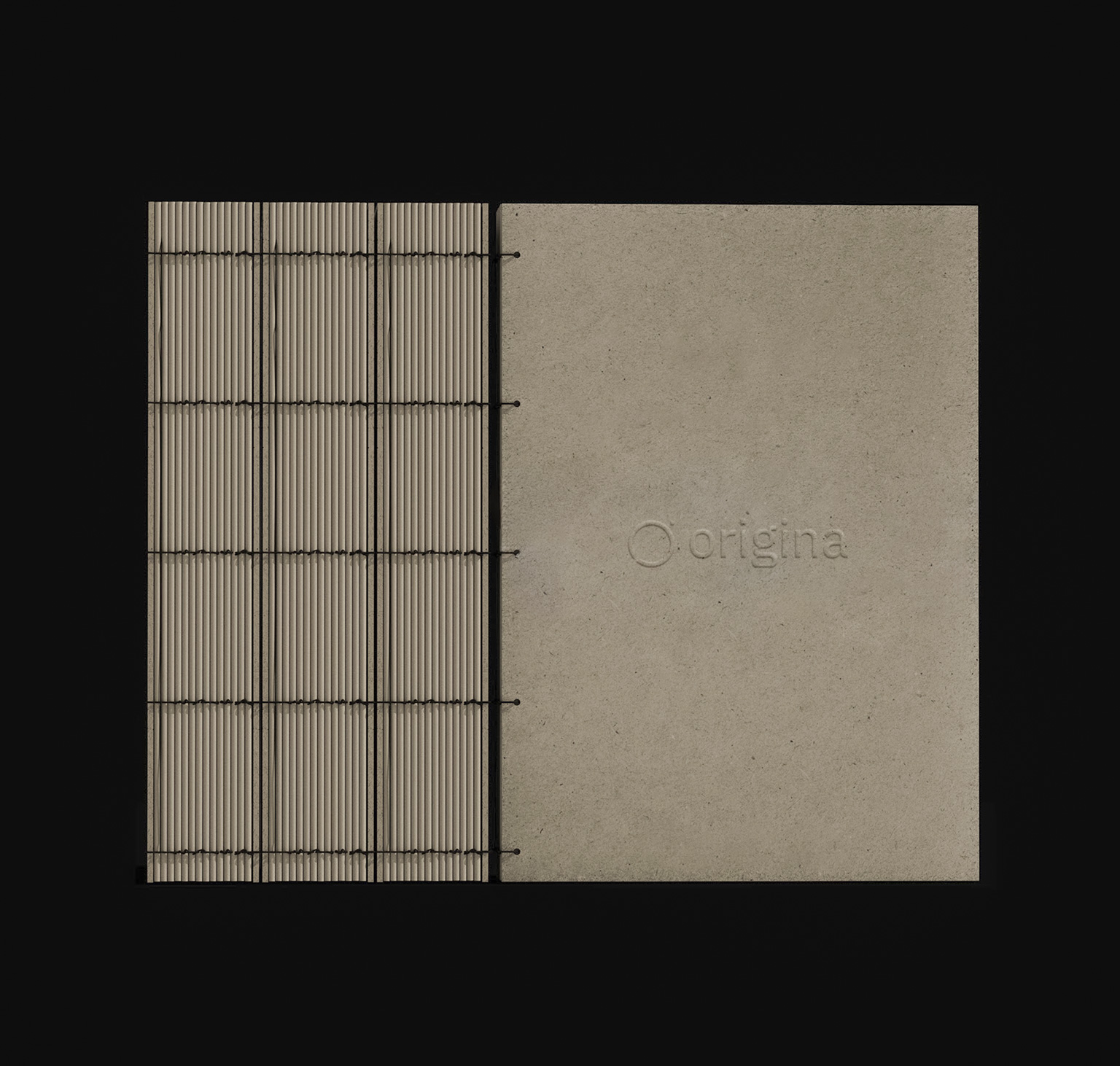 Quaderno con copertina beige minimalista e filo nero cucito visibile a sinistra.