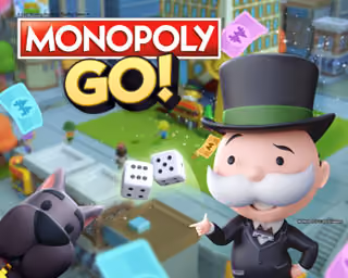 Monopoly GO! logo with Mr. Monopoly in a top hat and dice over a board game background.