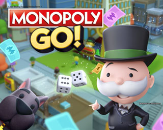 Monopoly GO! logo with Mr. Monopoly in a top hat and dice over a board game background.