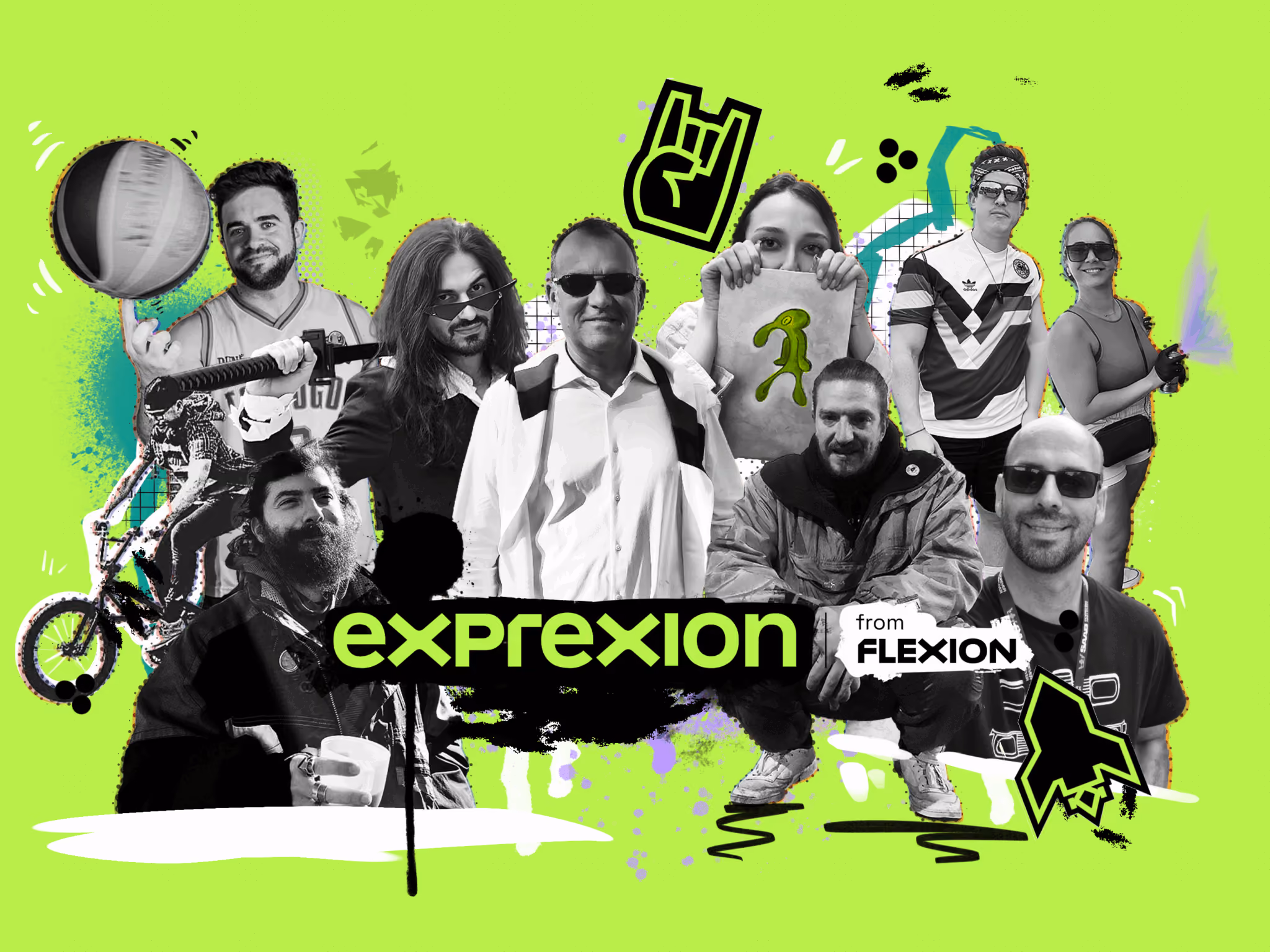 Collage of diverse people with graphic art, text 'exprexion from FLEXION' on bright green background.