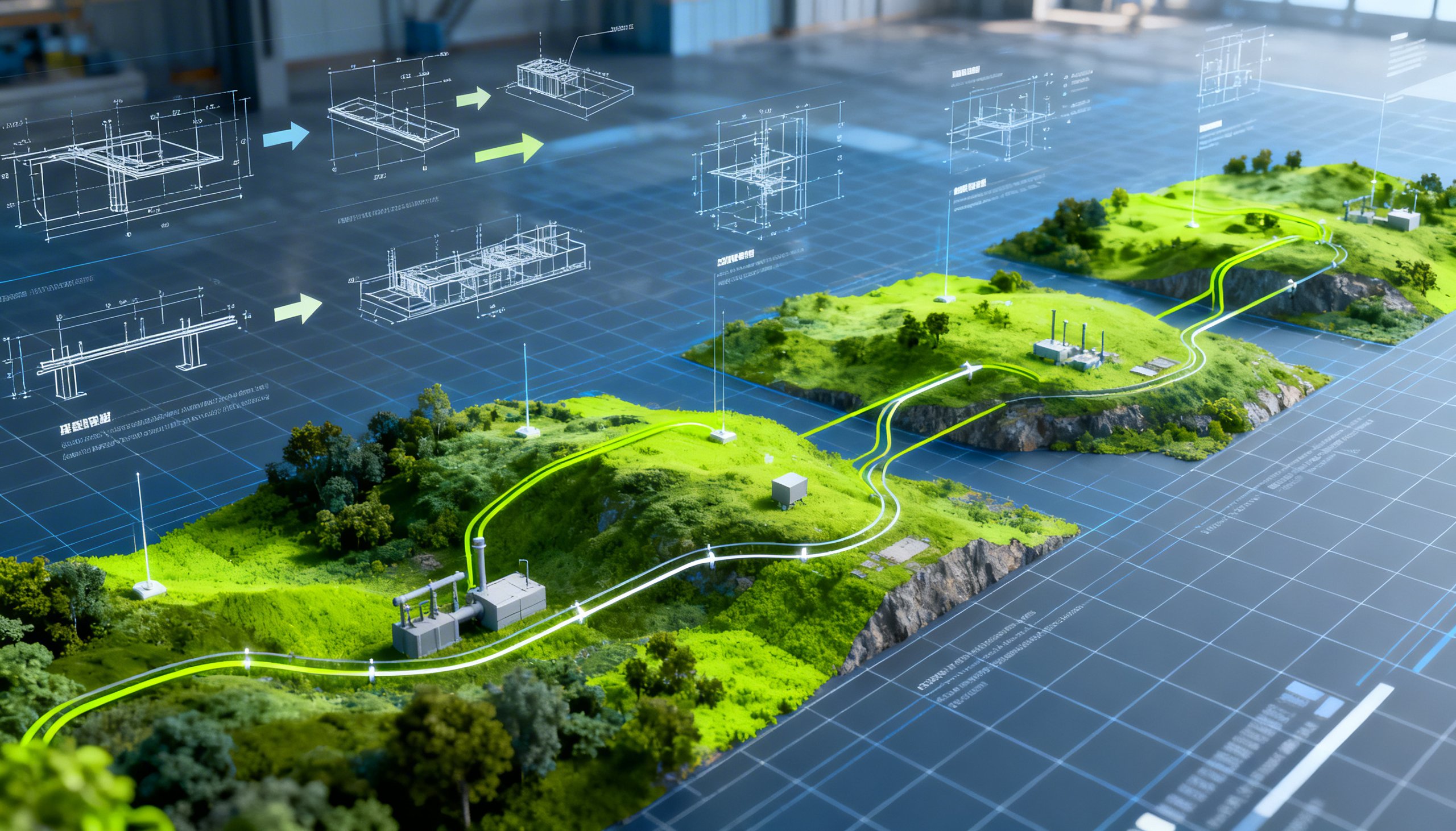 3D model of a green landscape with pipelines and engineering blueprints above it.