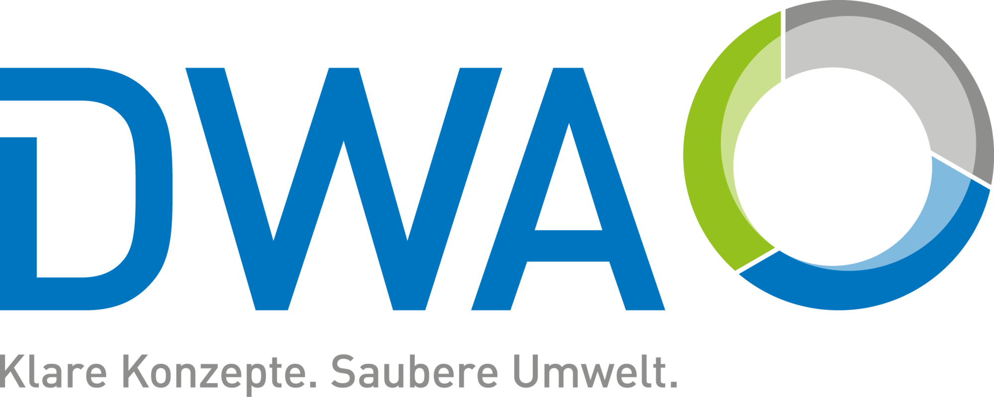 DWA logo with blue letters and a multicolored circular emblem; text below reads Klare Konzepte Saubere Umwelt.
