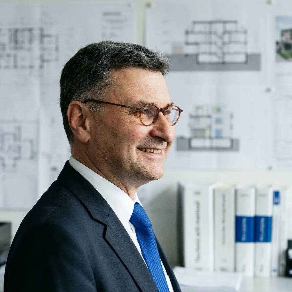 Smiling middle-aged man in glasses, suit, and blue tie, with architectural drawings in the background.