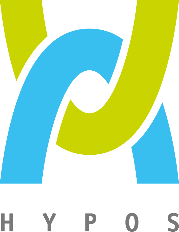 Abstract blue and green intertwined shapes forming a stylized H above the letters H Y P O S.