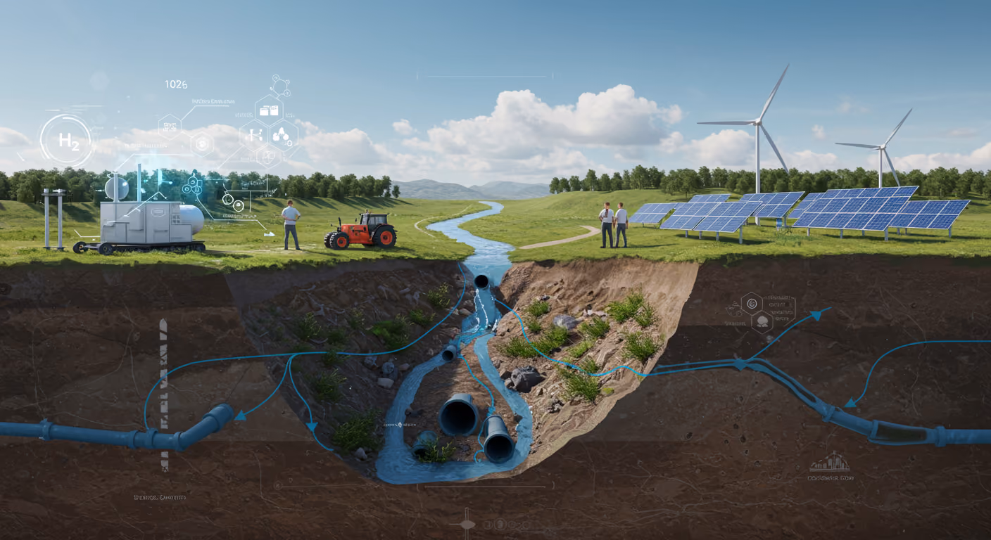 Cross-section of green energy farm with wind turbines, solar panels, tractor, and underground water flow.