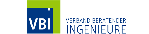 Logo with letters VBI in a blue and green square next to text Verband Beratender Ingenieure.