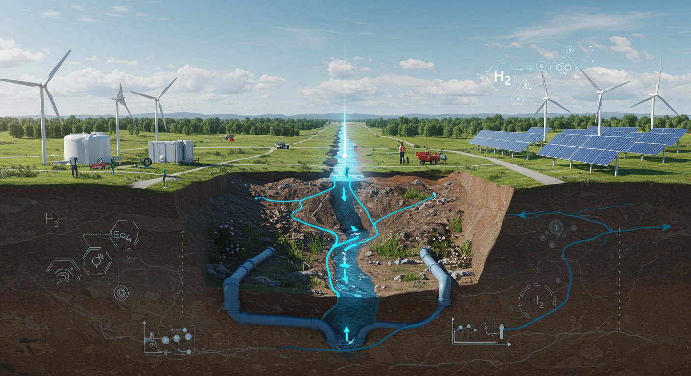 Diagram of underground pipeline and surface solar panels, wind turbines, and storage tanks on green fields.