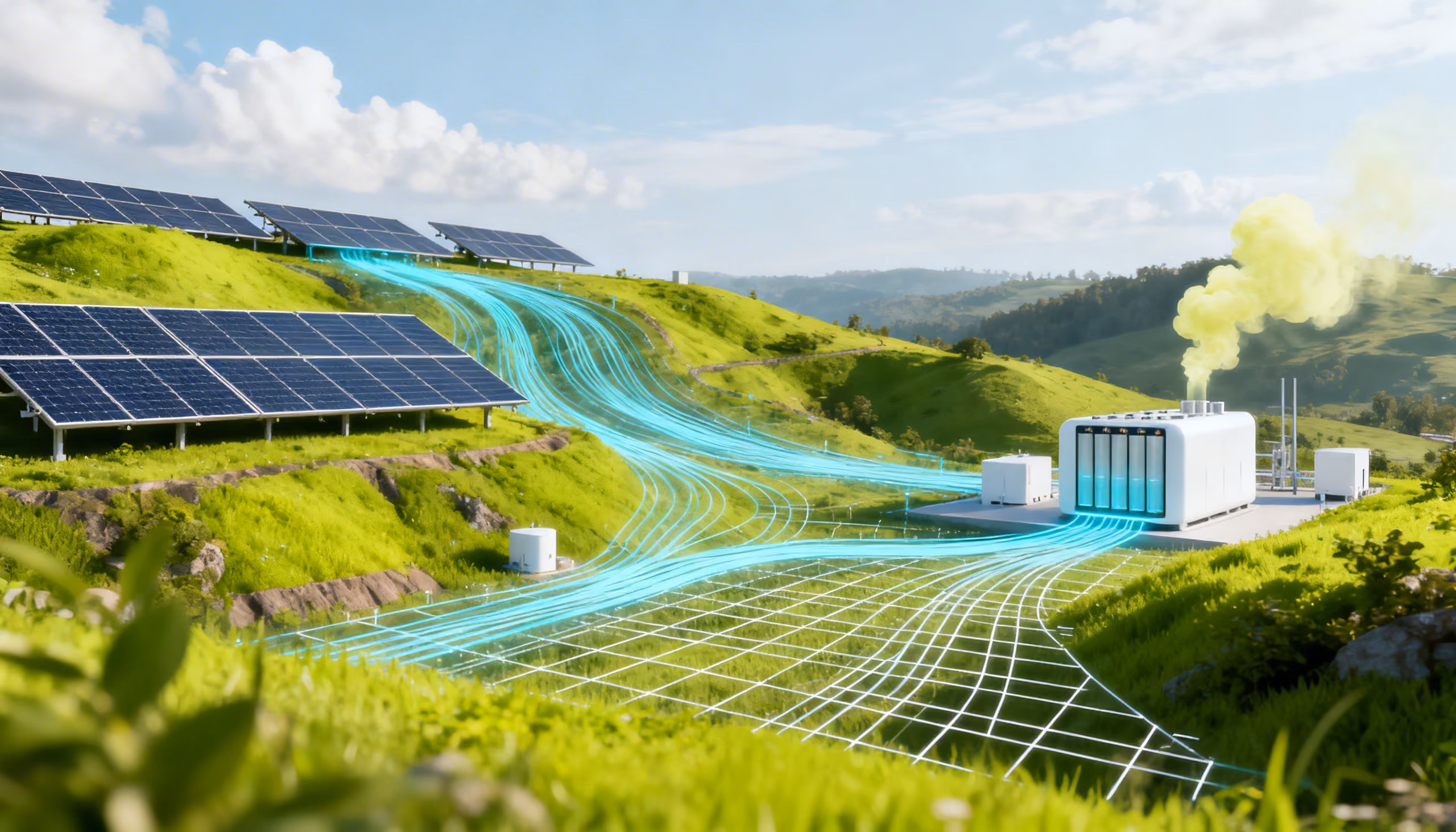 Solar panels on grassy hills connected by glowing blue energy streams to a white facility with yellow smoke.