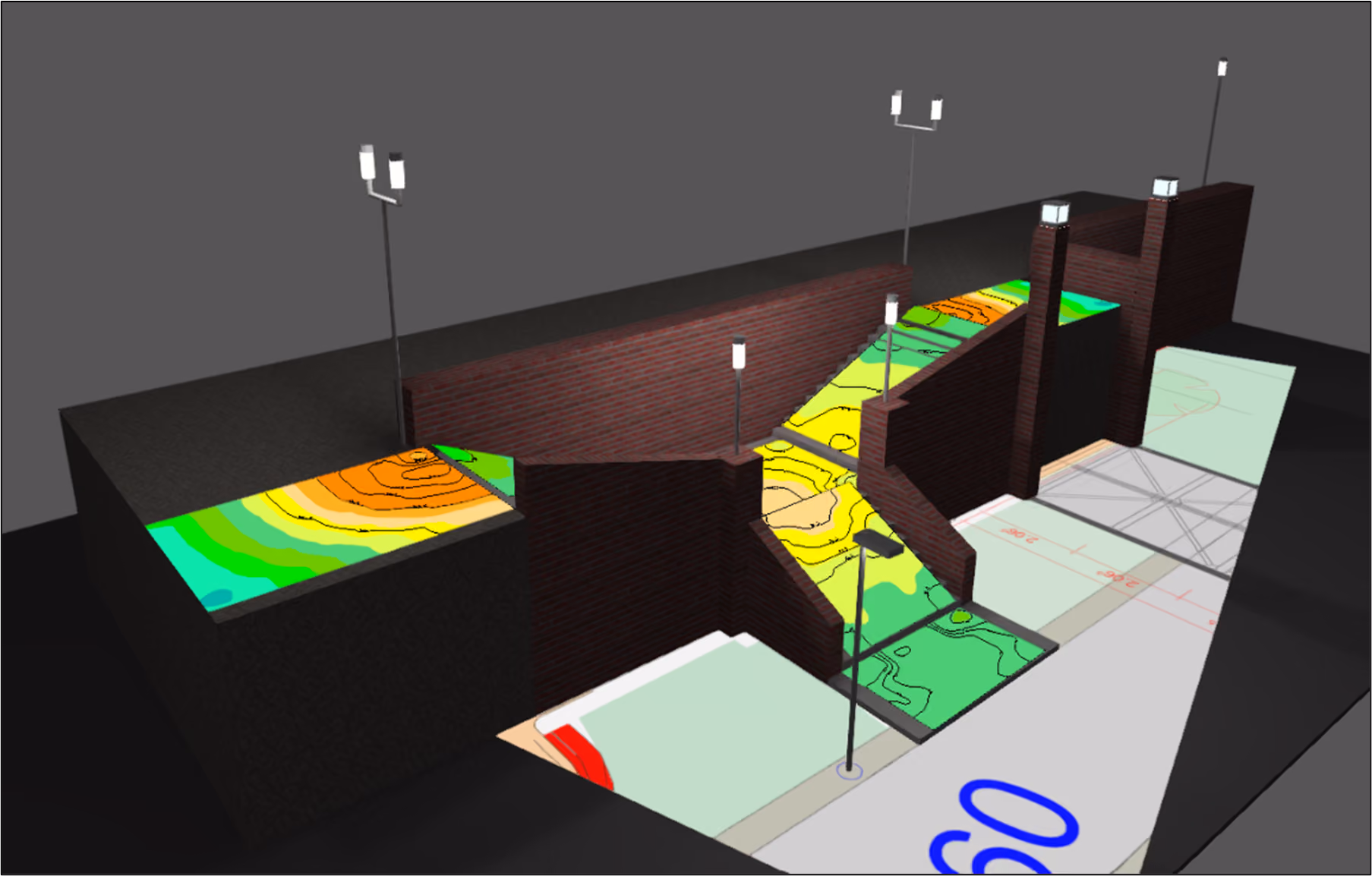 3D architectural model showing a brick structure with light poles and colored elevation contours.