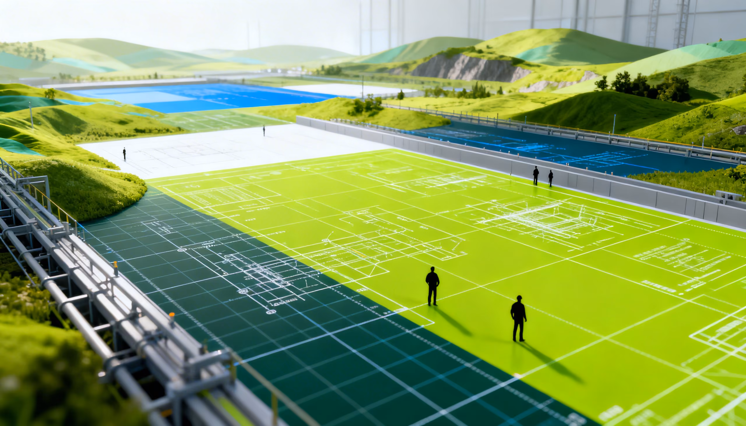 Miniature figures on large colorful blueprint sheets in a green hilly landscape with industrial pipes.