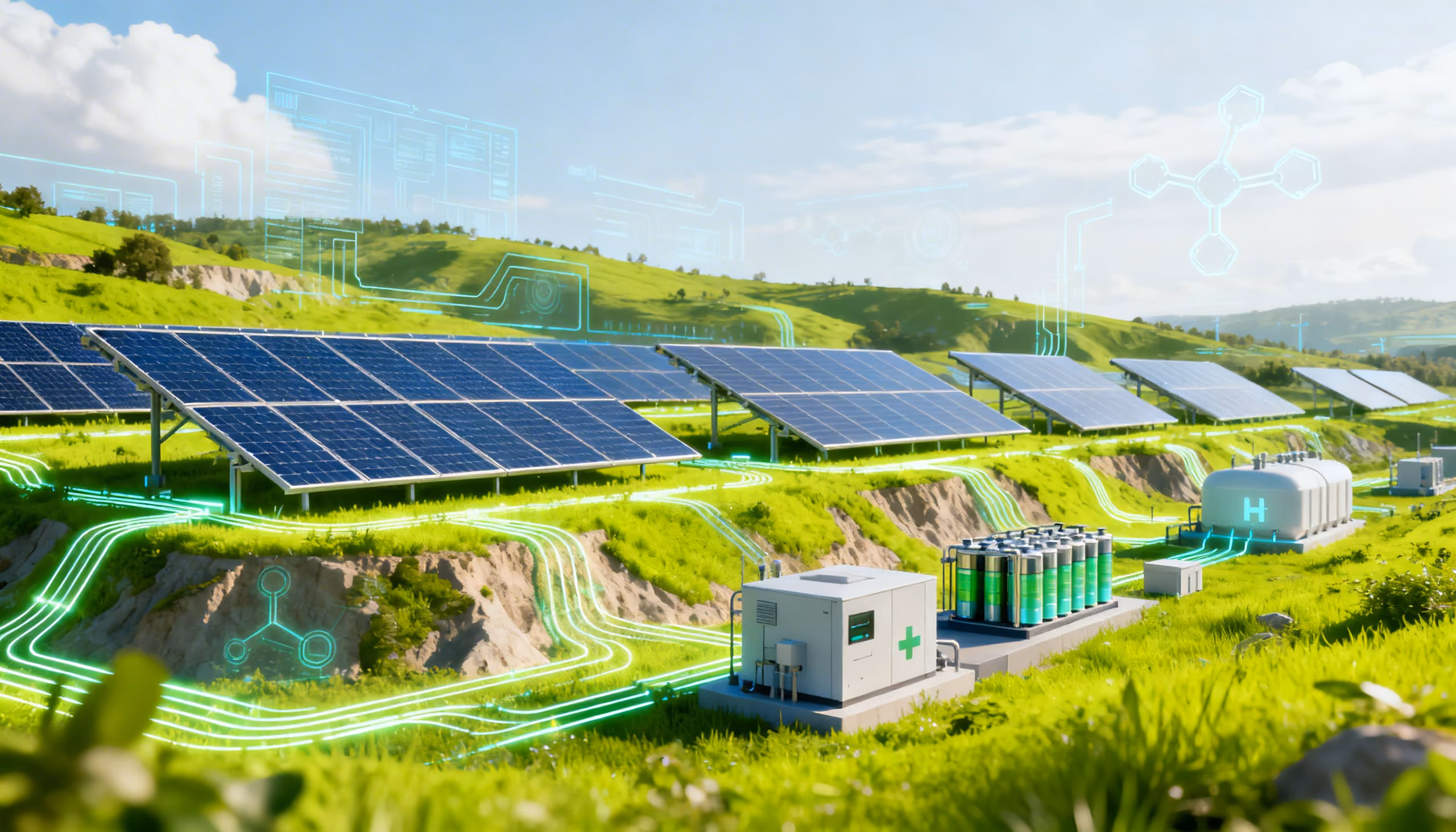 Solar panels on green hills powering futuristic hydrogen storage and battery units with glowing circuit lines.