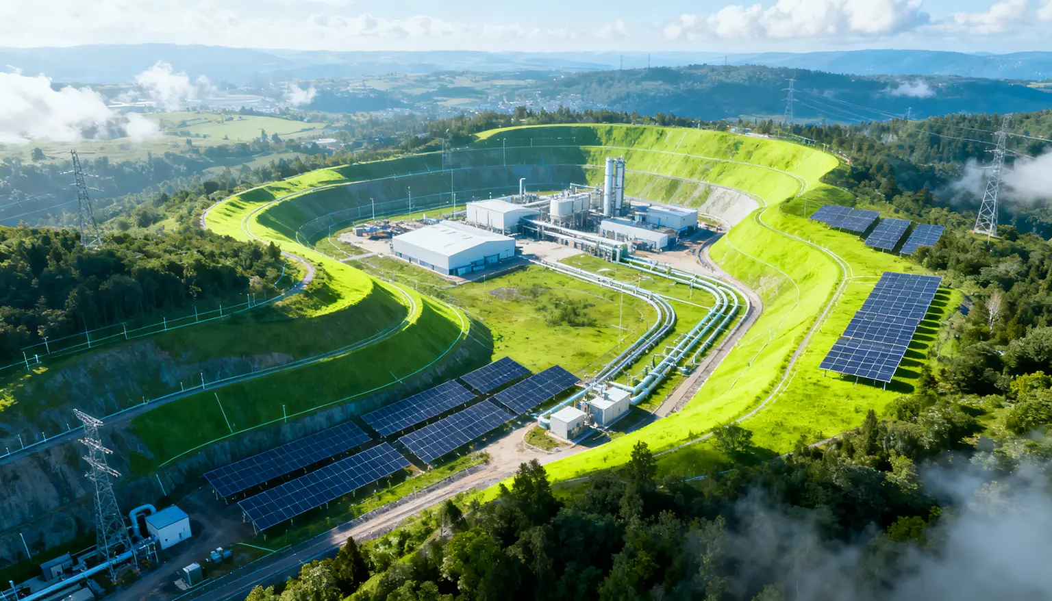 Aerial view of a green energy plant surrounded by solar panels on a grassy terrain with hills in the background.