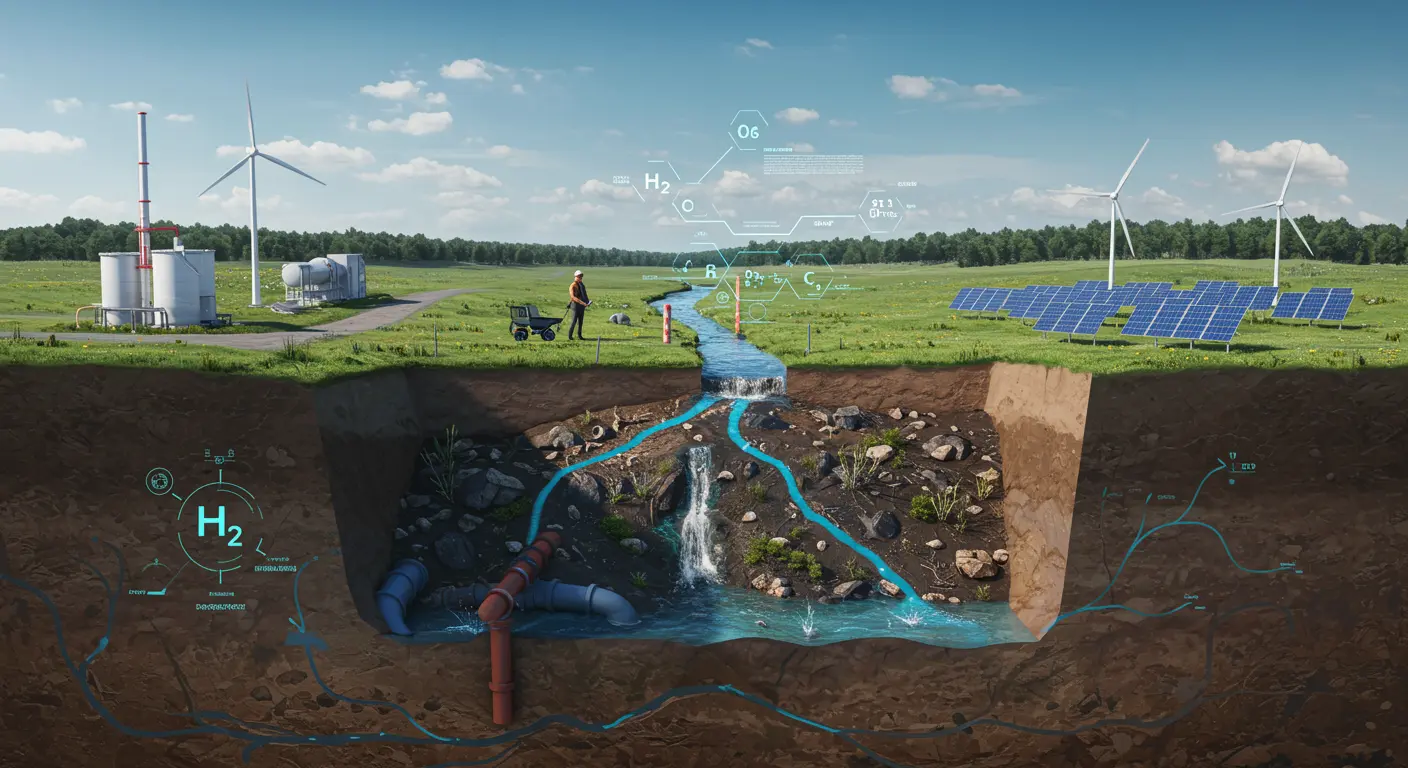 Cross-section of land showing water flow, pipes underground, with wind turbines and solar panels above ground.