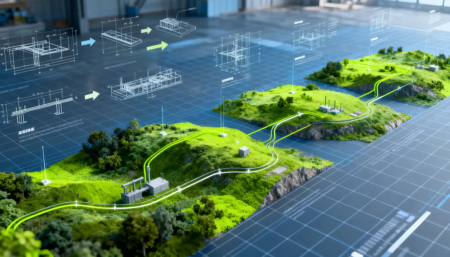 3D model of green terrain with industrial units connected by glowing pipelines over a grid surface with technical diagrams.