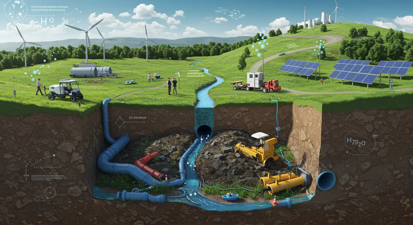 Cutaway of green landscape with wind turbines, solar panels, water pipeline, and machinery underground.