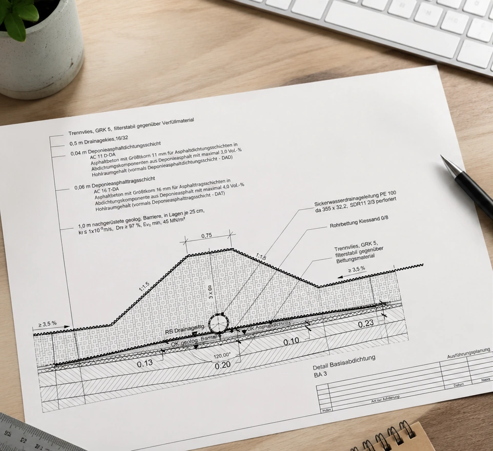 Technical engineering drawing with measurements and German text on a desk beside a pen and keyboard.