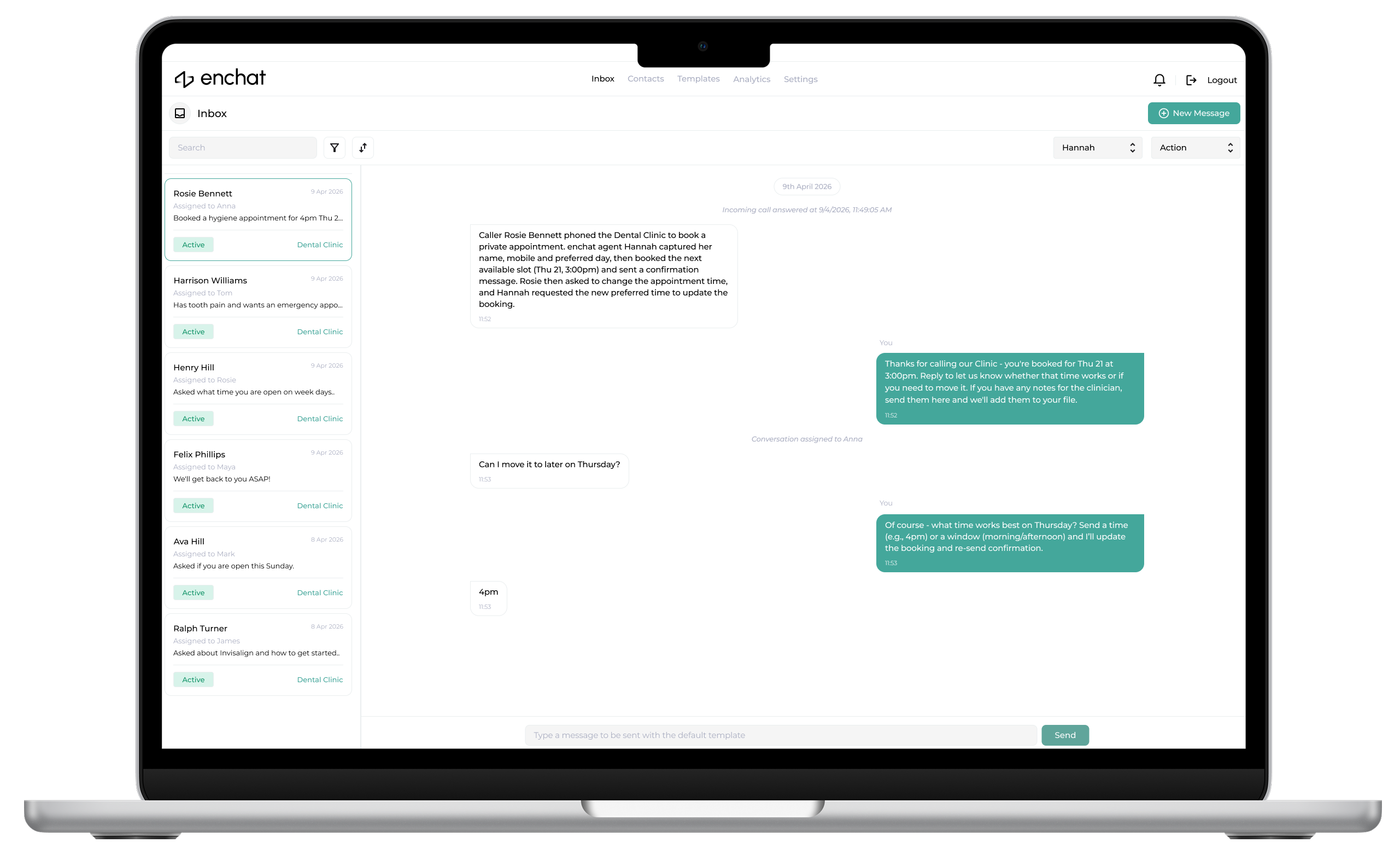 The enchat inbox on a laptop, showing customer conversations handled by the AI receptionist