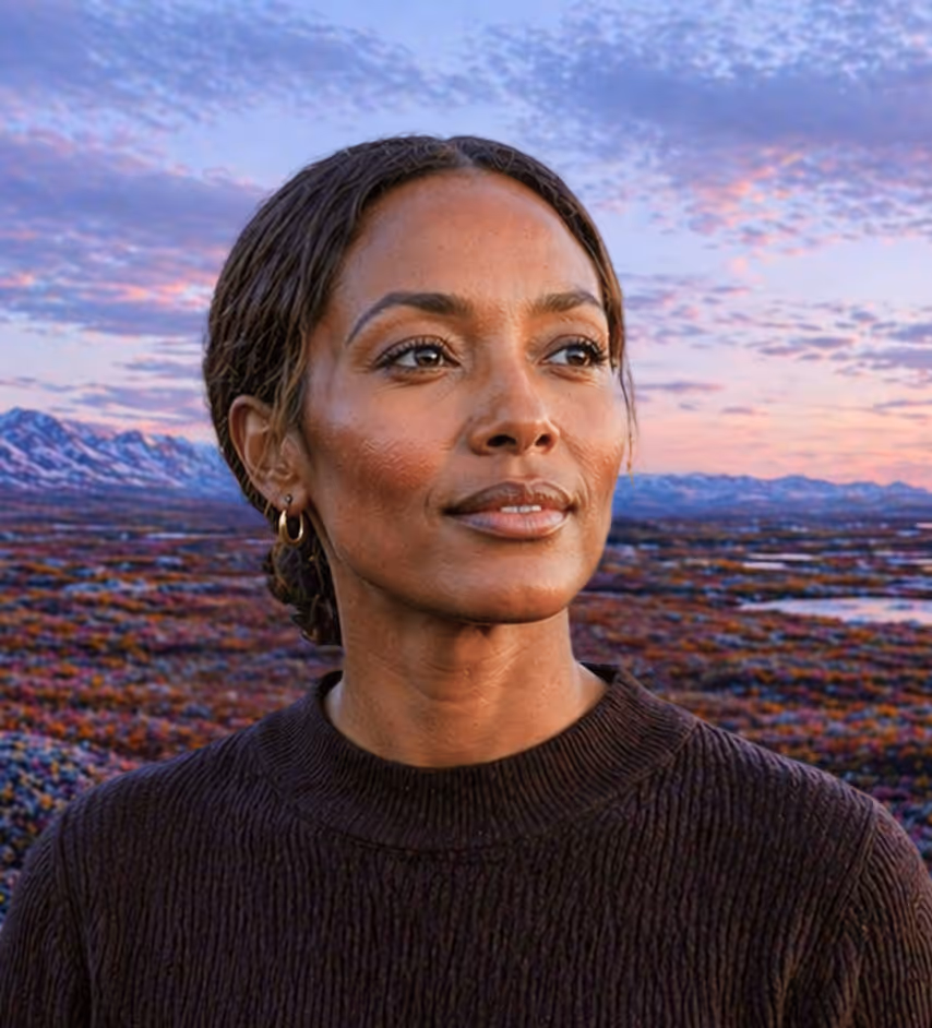 Woman with braided hair in a dark sweater stands in a colorful landscape at sunset with mountains behind.