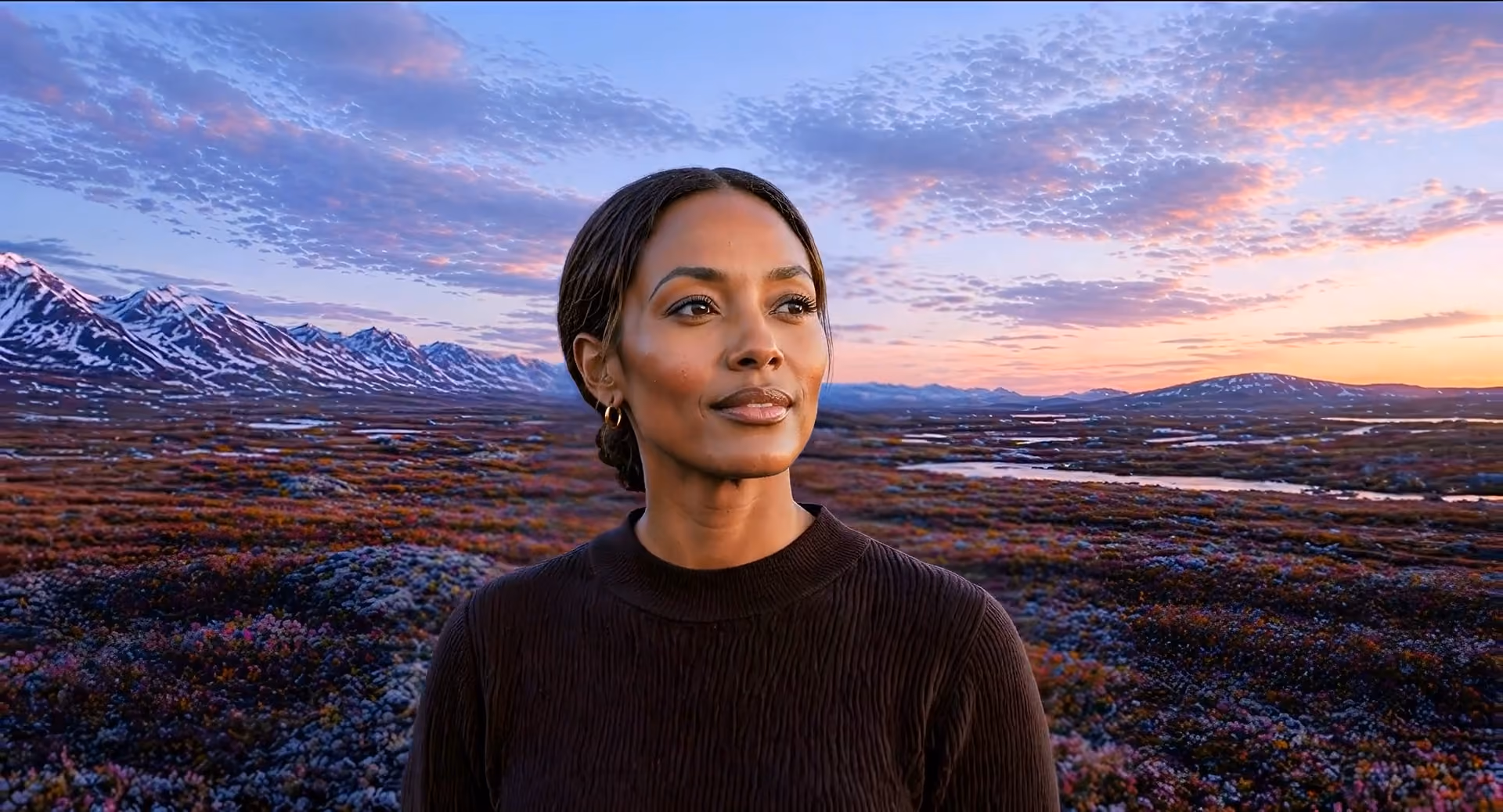Woman in dark sweater standing in colorful tundra with snow-capped mountains and sunset sky behind.