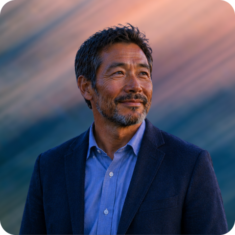 Middle-aged man with salt-and-pepper hair in blue shirt and jacket, smiling and looking to side.