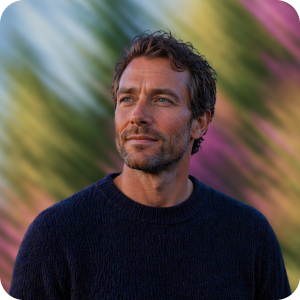Man with curly hair and beard wearing dark sweater, looking to the side with blurred colorful background.