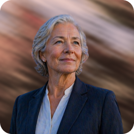 Confident older woman in business suit looking into the distance with a thoughtful expression.