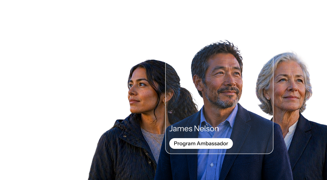 Portrait of three professional adults, one man labeled as James Nelson, Program Ambassador.